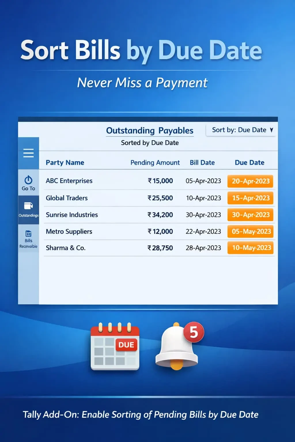 Enable Sorting of Pending Bills by Due Date