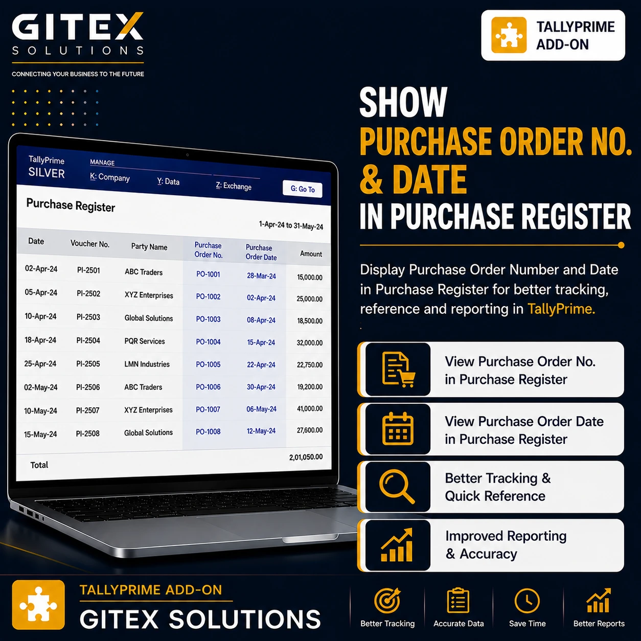 Show Purchase Order No. & Date in Purchase Register